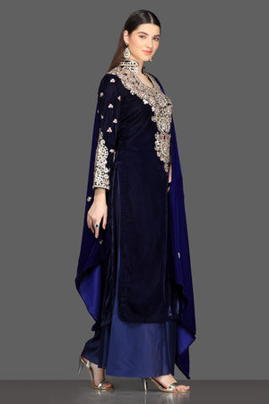 Shop royal blue embroidered velvet palazzo suit online in USA with dupatta. Dazzle on weddings and special occasions with exquisite Indian designer lehengas, sharara suits, Anarkali suits, Indowestern dresses from Pure Elegance Indian fashion store in USA.-right