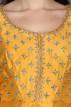 Buy yellow embroidered asymmetric palazzo suit online in USA. Dazzle on weddings and special occasions with exquisite Indian designer dresses, sharara suits, Anarkali suits from Pure Elegance Indian fashion store in USA.-closeup