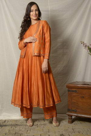 Shop gorgeous burnt orange embroidered chanderi suit with jacket online in USA and dupatta. Shine at weddings and special occasions with beautiful Indian designer suits, gowns, lehengas from Pure Elegance Indian clothing store in USA.-front