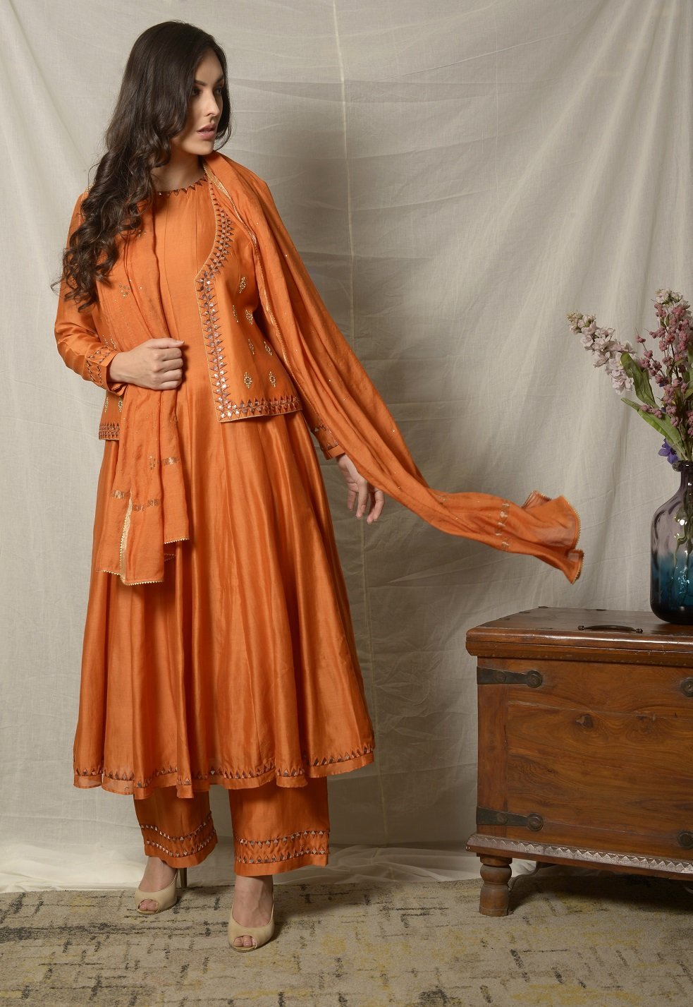 Shop gorgeous burnt orange embroidered chanderi suit with jacket online in USA and dupatta. Shine at weddings and special occasions with beautiful Indian designer suits, gowns, lehengas from Pure Elegance Indian clothing store in USA.-side with dupatta