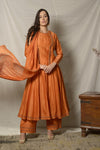 Shop gorgeous burnt orange embroidered chanderi suit with jacket online in USA and dupatta. Shine at weddings and special occasions with beautiful Indian designer suits, gowns, lehengas from Pure Elegance Indian clothing store in USA.-full view