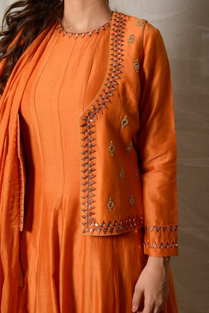 Shop gorgeous burnt orange embroidered chanderi suit with jacket online in USA and dupatta. Shine at weddings and special occasions with beautiful Indian designer suits, gowns, lehengas from Pure Elegance Indian clothing store in USA.-closeup