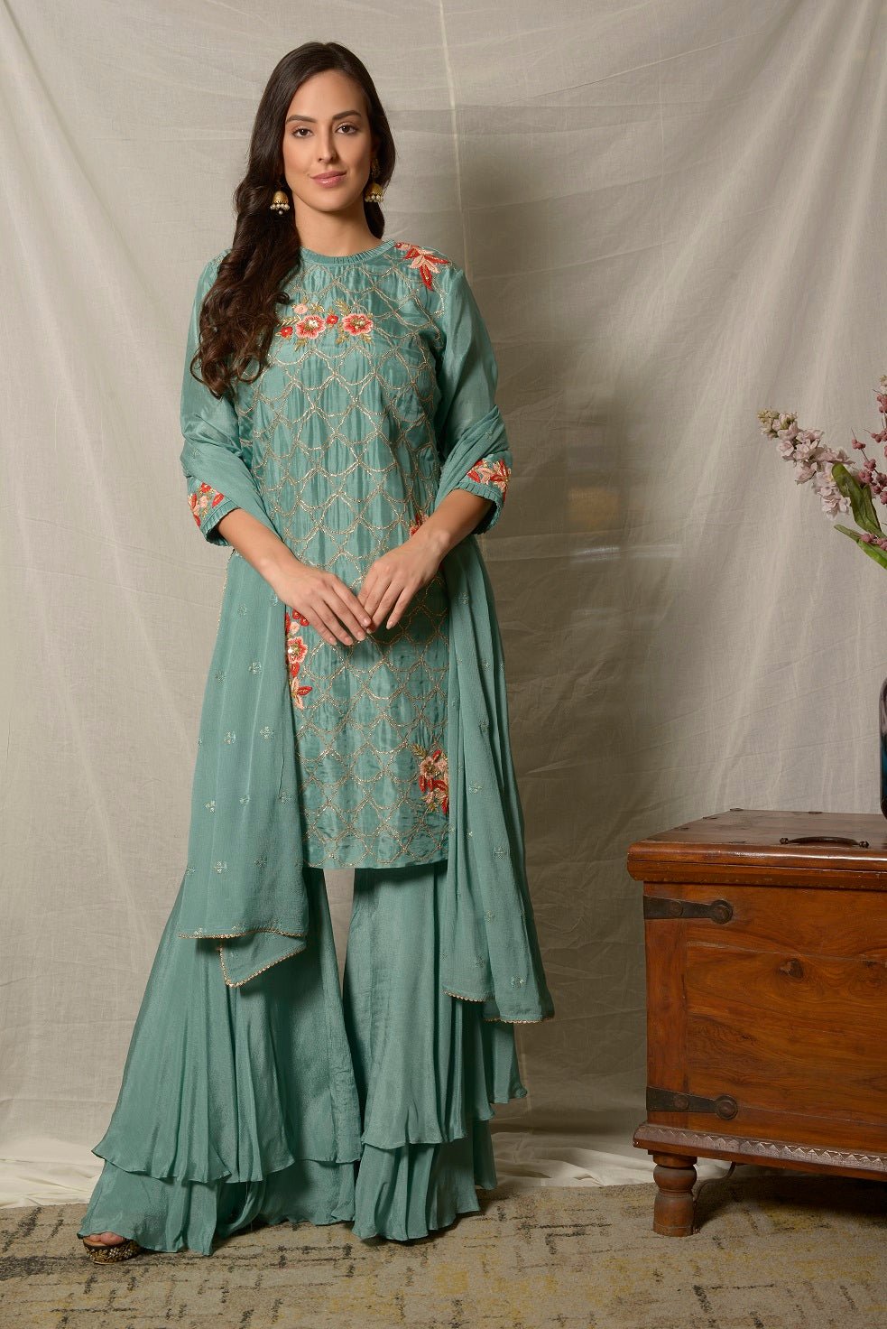 Buy gorgeous dark aqua embroidered Uppada silk suit online in USA with dupatta. Shine at weddings and special occasions with beautiful Indian designer suits, gowns, lehengas from Pure Elegance Indian clothing store in USA.-full view