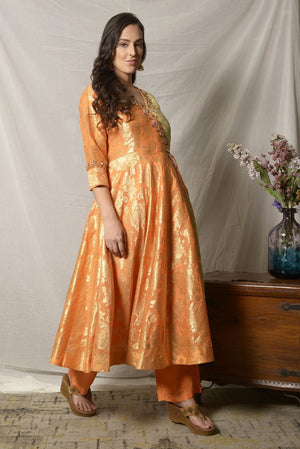 Buy elegant yellow and orange embroidered Angrakha suit online in USA with dupatta. Shine at weddings and special occasions with beautiful Indian designer suits, gowns, lehengas from Pure Elegance Indian clothing store in USA.-side
