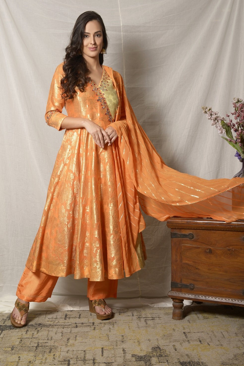 Buy elegant yellow and orange embroidered Angrakha suit online in USA with dupatta. Shine at weddings and special occasions with beautiful Indian designer suits, gowns, lehengas from Pure Elegance Indian clothing store in USA.-full view