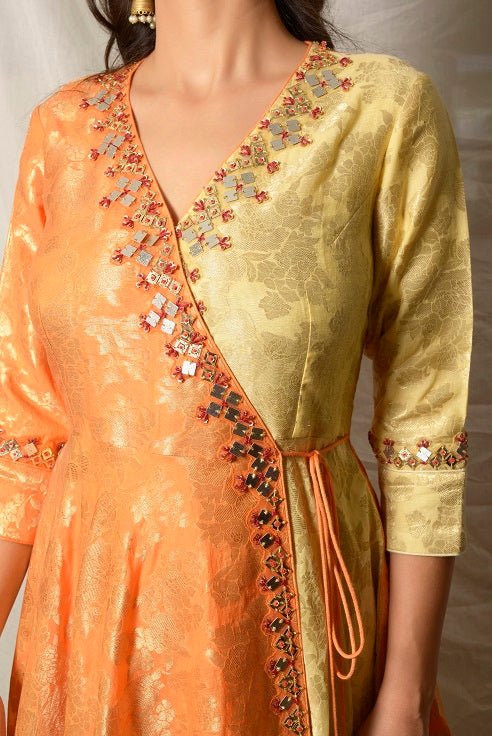 Buy elegant yellow and orange embroidered Angrakha suit online in USA with dupatta. Shine at weddings and special occasions with beautiful Indian designer suits, gowns, lehengas from Pure Elegance Indian clothing store in USA.-closeup