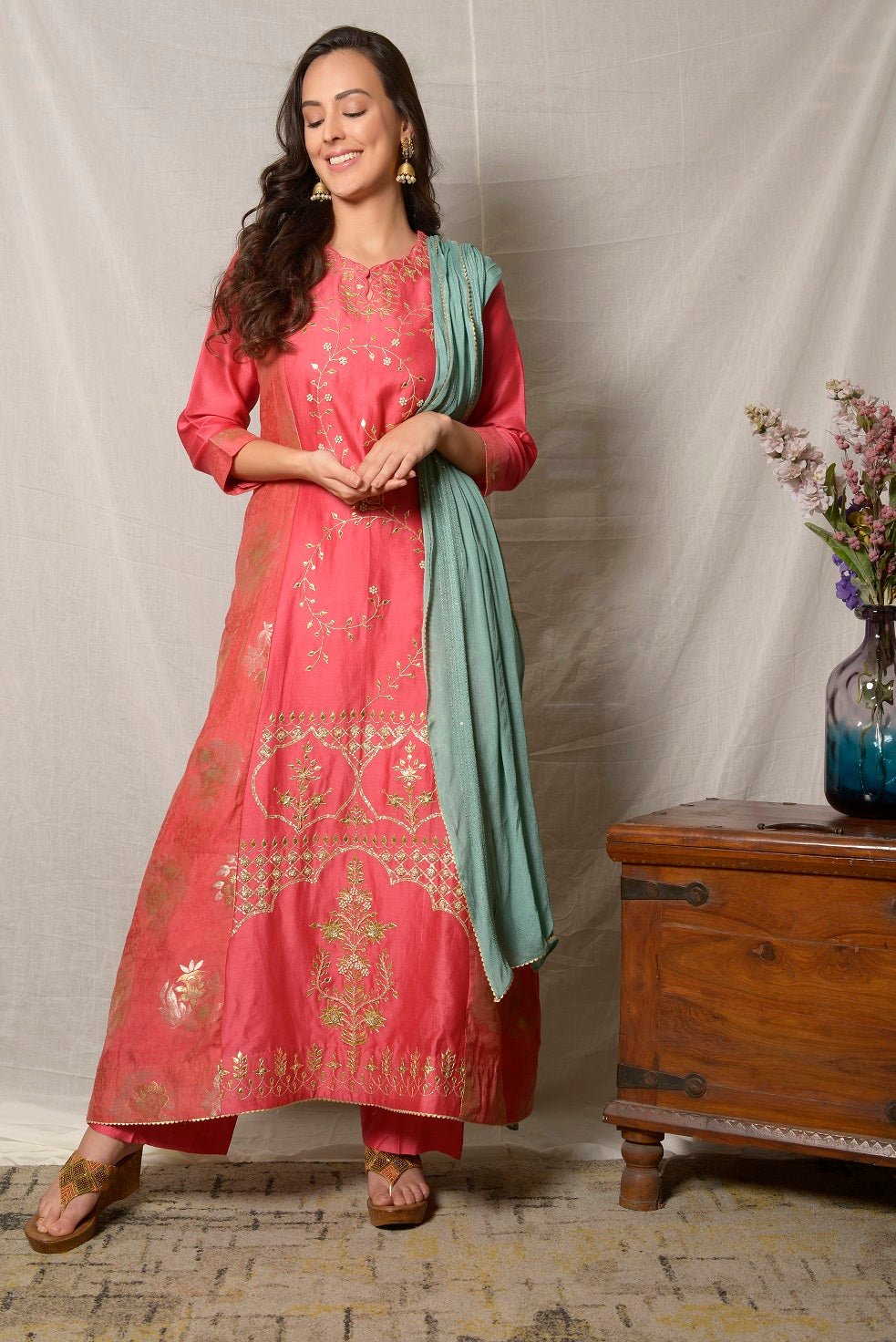 Buy stunning tomato red embroidered chanderi suit online in USA with aqua dupatta. Shine at weddings and special occasions with beautiful Indian designer suits, gowns, lehengas from Pure Elegance Indian clothing store in USA.-full view