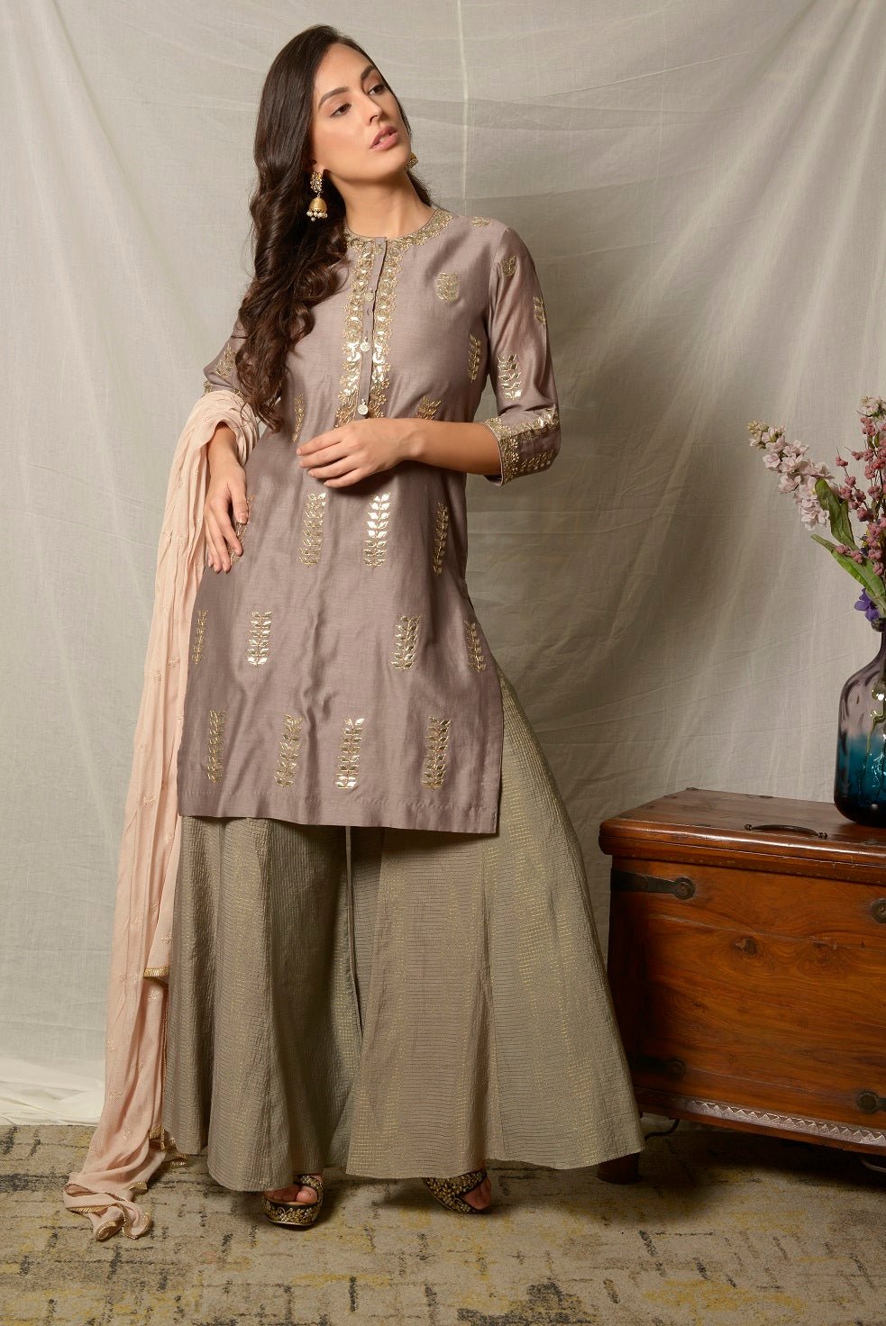 Shop elegant grey embroidered chanderi suit online in USA with dupatta and palazzo. Shine at weddings and special occasions with beautiful Indian designer suits, gowns, lehengas from Pure Elegance Indian clothing store in USA.-sidelook