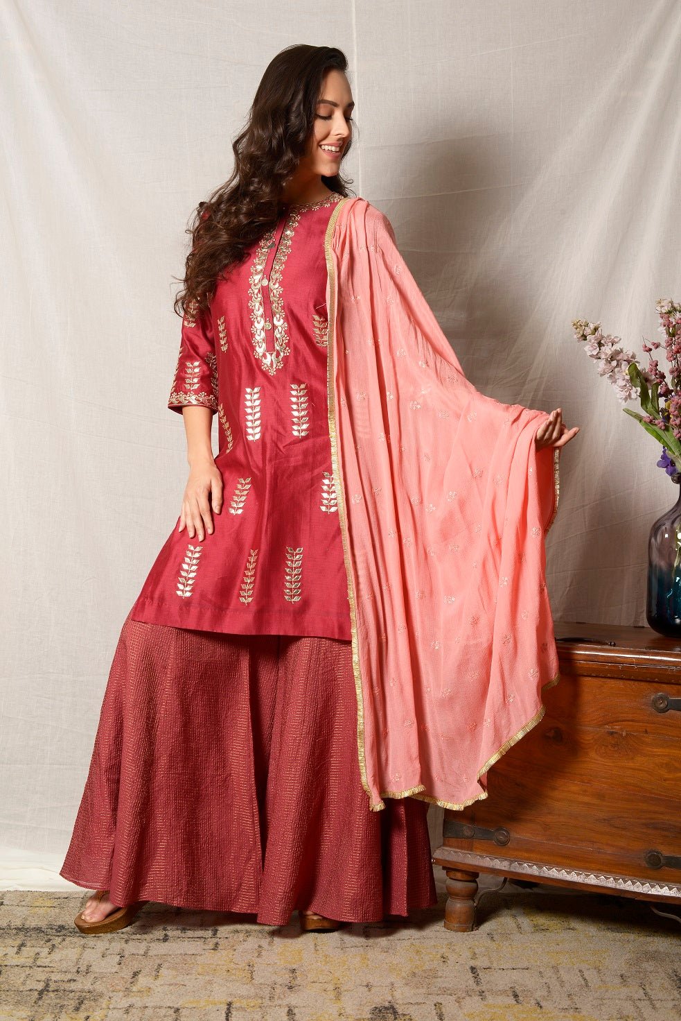 Buy Red Chanderi Unstitched Suit Set (Kurta, Bottom, Dupatta) for  INR2399.20 | Biba India