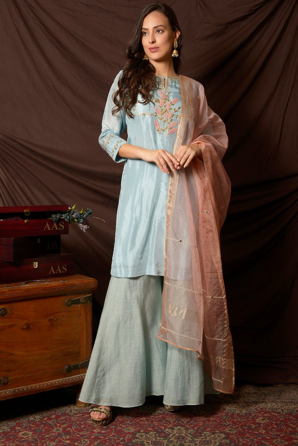 Shop beautiful sky blue gota embroidery chanderi suit online in USA with pink dupatta and matching palazzo. Shine at weddings and special occasions with beautiful Indian designer suits, gowns, lehengas from Pure Elegance Indian clothing store in USA.-full view