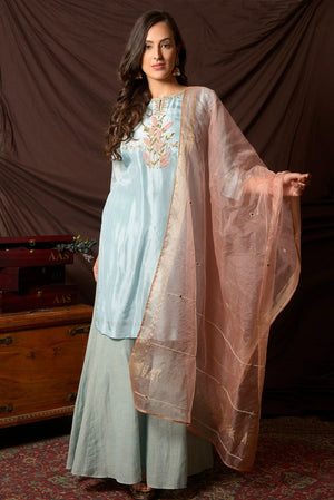 Shop beautiful sky blue gota embroidery chanderi suit online in USA with pink dupatta and matching palazzo. Shine at weddings and special occasions with beautiful Indian designer suits, gowns, lehengas from Pure Elegance Indian clothing store in USA.-front