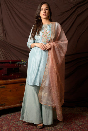 Shop beautiful sky blue gota embroidery chanderi suit online in USA with pink dupatta and matching palazzo. Shine at weddings and special occasions with beautiful Indian designer suits, gowns, lehengas from Pure Elegance Indian clothing store in USA.-suit