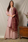 Buy alluring dull mauve gota work chanderi suit online in USA with maroon dupatta and matching palazzo. Shine at weddings and special occasions with beautiful Indian designer suits, gowns, lehengas from Pure Elegance Indian clothing store in USA.-full view