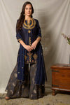 Shop gorgeous cobalt blue and grey embroidered chanderi suit online in USA with dupatta and grey palazzo. Shine at weddings and special occasions with beautiful Indian designer suits, gowns, lehengas from Pure Elegance Indian clothing store in USA.-full view