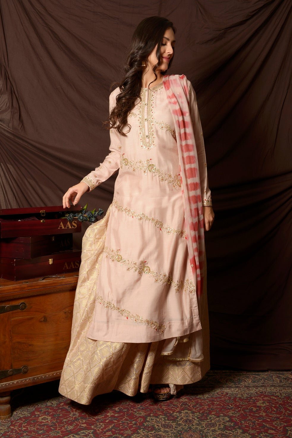 50Z143-RO Cream Embroidered Chanderi Palazzo Suit with Dupatta