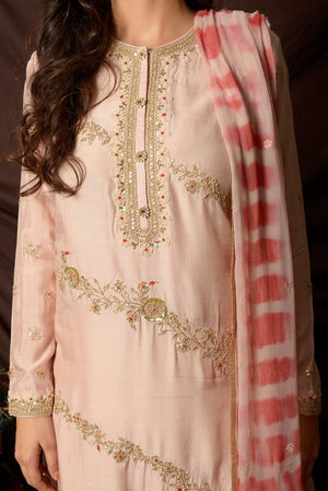 50Z143-RO Cream Embroidered Chanderi Palazzo Suit with Dupatta