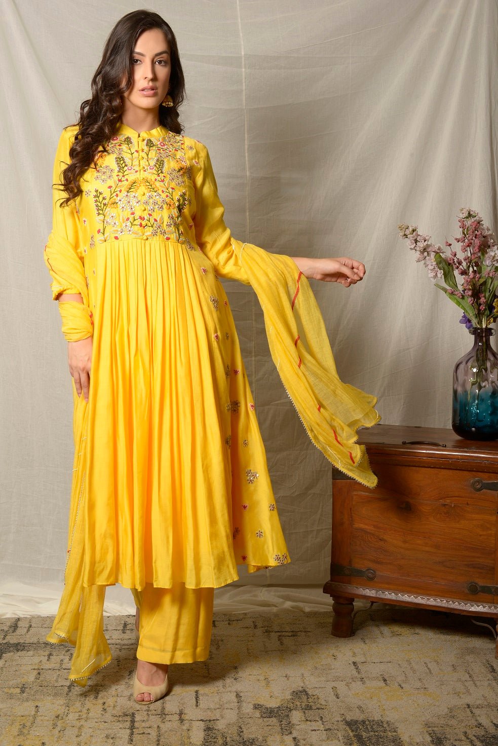 Shop bright yellow embroidered cotton silk suit online in USA with dupatta. Shine at weddings and special occasions with beautiful Indian designer suits, gowns, lehengas from Pure Elegance Indian clothing store in USA.-full view