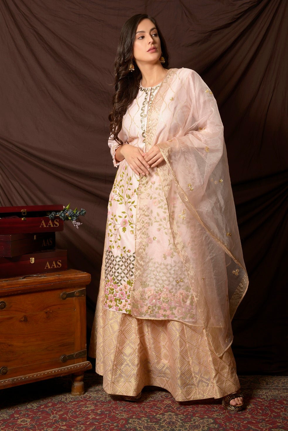 Shop stunning baby pink embroidered chanderi suit online in USA with palazzo and dupatta. Shine at weddings and special occasions with beautiful Indian designer suits, gowns, lehengas from Pure Elegance Indian clothing store in USA.-full view