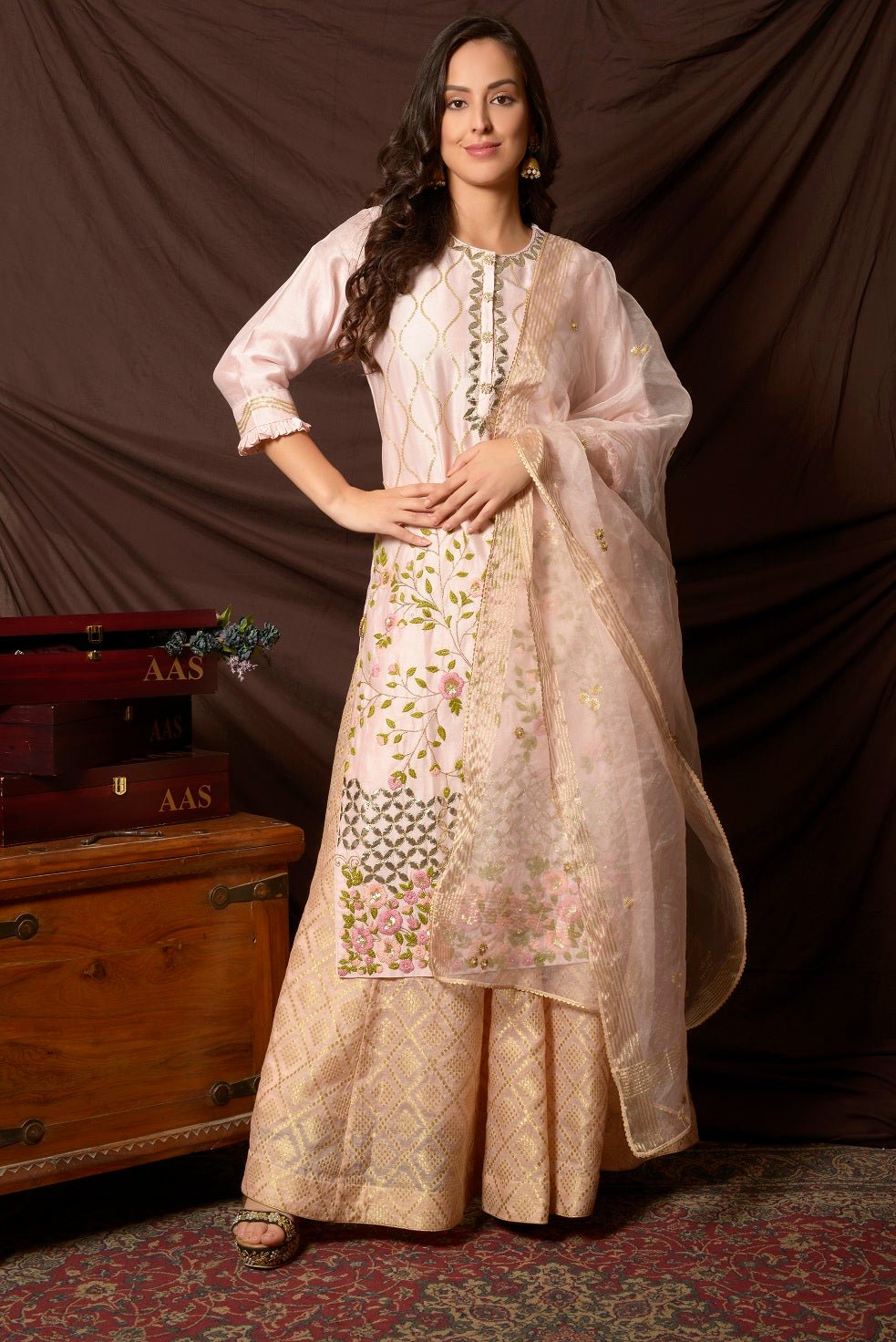 Shop stunning baby pink embroidered chanderi suit online in USA with palazzo and dupatta. Shine at weddings and special occasions with beautiful Indian designer suits, gowns, lehengas from Pure Elegance Indian clothing store in USA.-suit