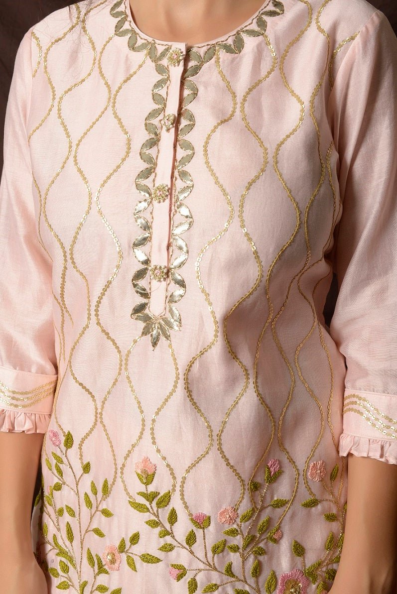 Shop stunning baby pink embroidered chanderi suit online in USA with palazzo and dupatta. Shine at weddings and special occasions with beautiful Indian designer suits, gowns, lehengas from Pure Elegance Indian clothing store in USA.-closeup