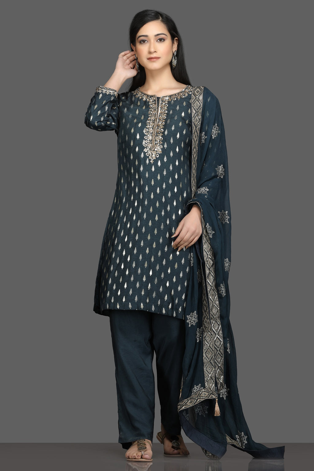 Shop stunning blue embroidered pant suit online in USA with embroidered dupatta. Dazzle on weddings and special occasions with exquisite Indian designer dresses, sharara suits, Anarkali suits, bridal lehegas from Pure Elegance Indian fashion store in USA.-full view