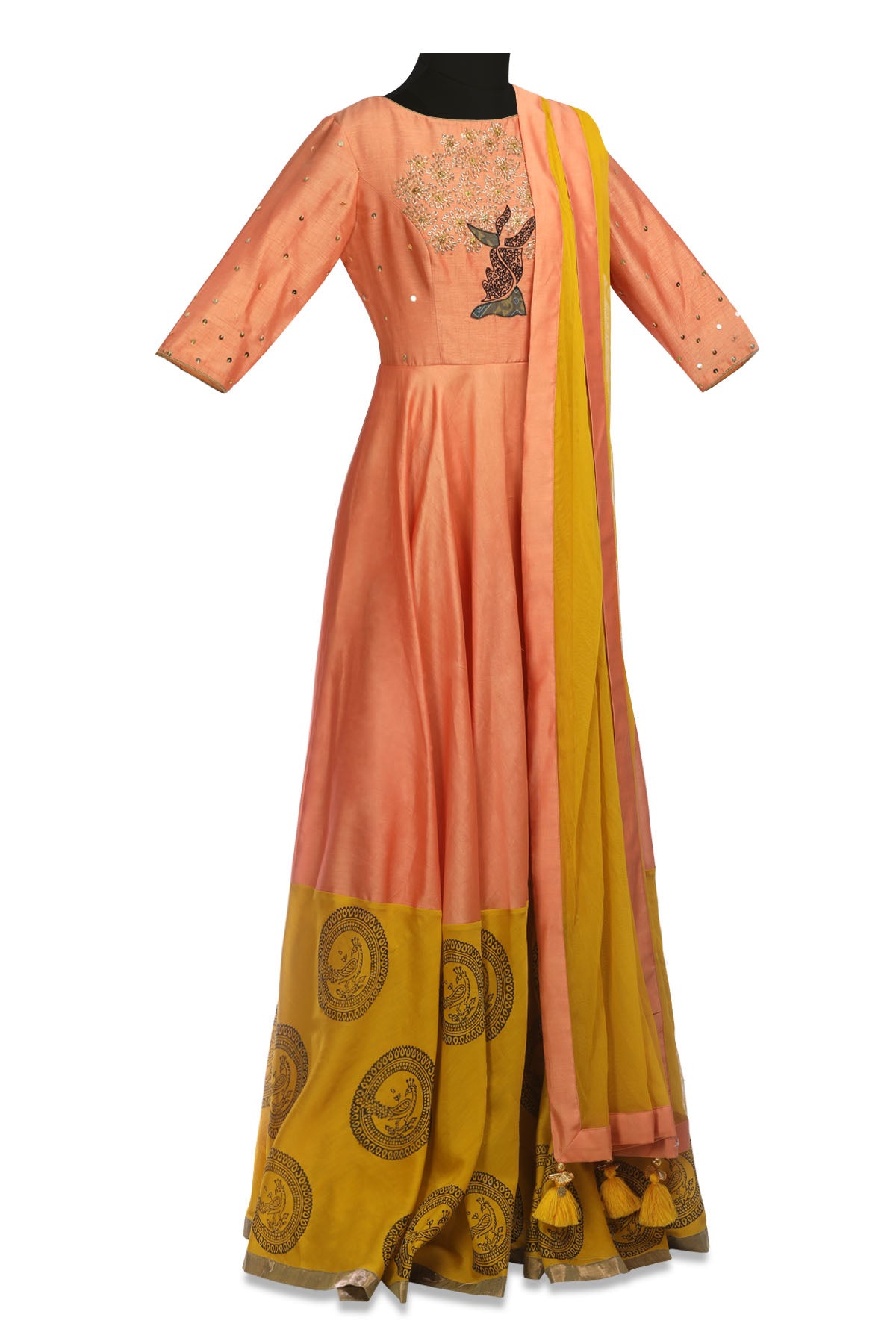 Shop stunning peach and yellow embroidered chanderi Anarkali online in USA with dupatta. Shine at weddings and special occasions with beautiful Indian designer Anarkali suits, traditional salwar suits, sharara suits, designer lehengas from Pure Elegance Indian clothing store in USA.-front