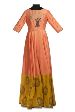 Shop stunning peach and yellow embroidered chanderi Anarkali online in USA with dupatta. Shine at weddings and special occasions with beautiful Indian designer Anarkali suits, traditional salwar suits, sharara suits, designer lehengas from Pure Elegance Indian clothing store in USA.-without dupatta