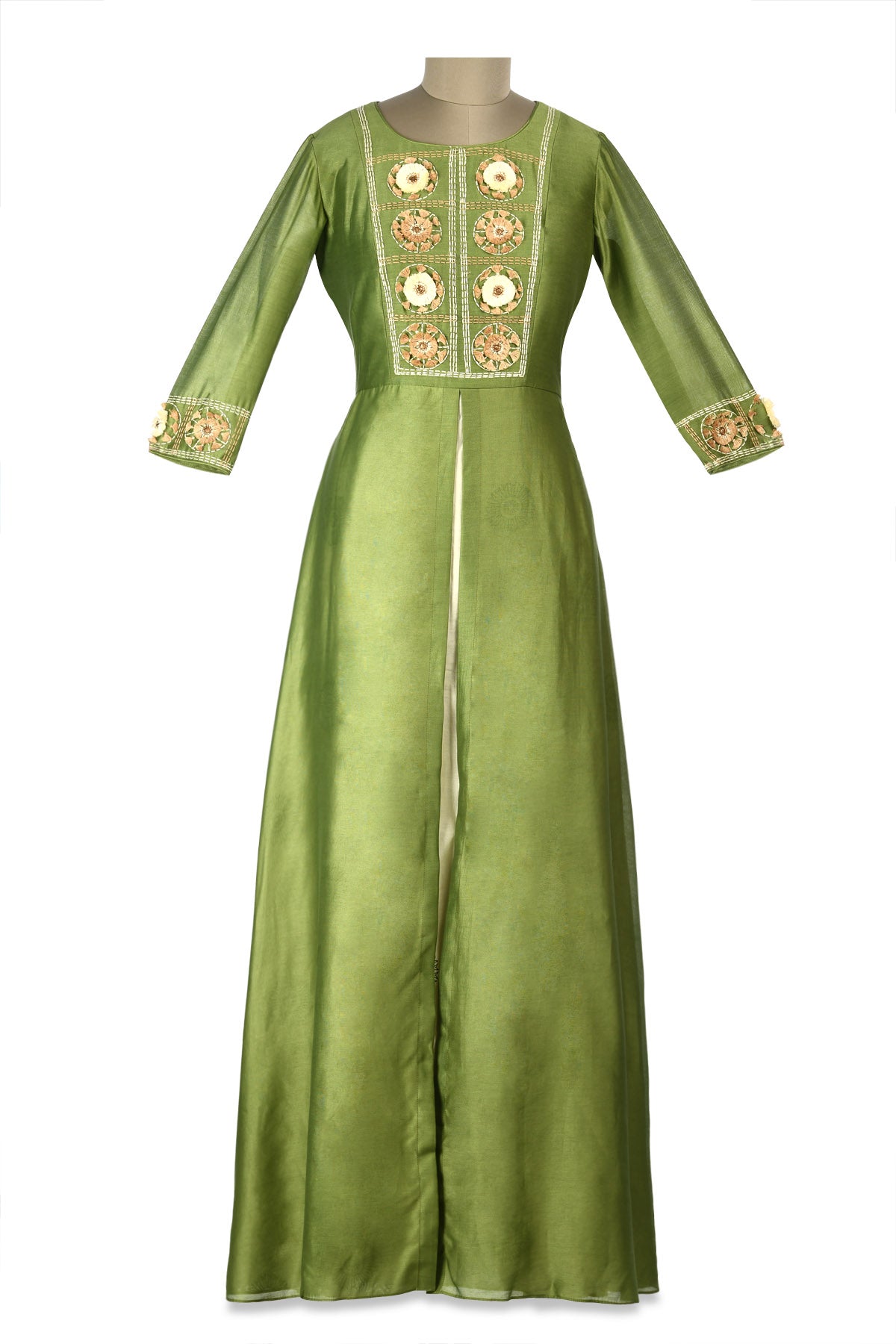 Buy stunning olive green embroidered layered chanderi Anarkali online in USA. Shine at weddings and special occasions with beautiful Indian designer Anarkali suits, traditional salwar suits, sharara suits, designer lehengas from Pure Elegance Indian clothing store in USA.-full view