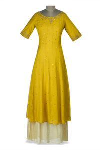 Buy beautiful yellow and cream embroidered layered maxi dress online in USA. Shine at weddings and special occasions with beautiful Indian designer Anarkali suits, traditional salwar suits, sharara suits, designer lehengas from Pure Elegance Indian clothing store in USA.-full view