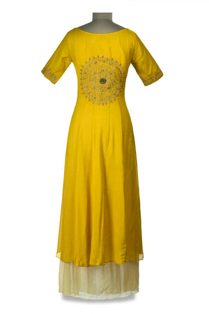 Buy beautiful yellow and cream embroidered layered maxi dress online in USA. Shine at weddings and special occasions with beautiful Indian designer Anarkali suits, traditional salwar suits, sharara suits, designer lehengas from Pure Elegance Indian clothing store in USA.-back