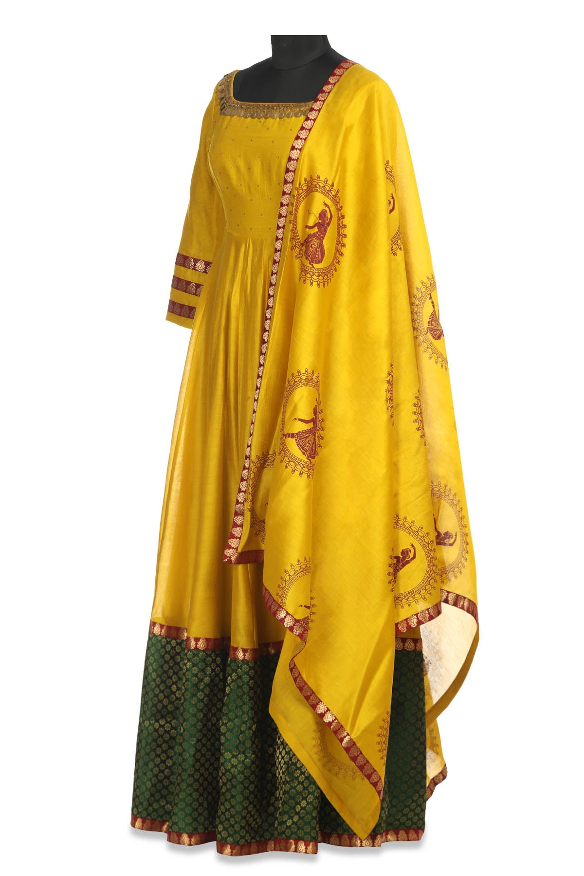 Buy stunning yellow embroidered chanderi Anarkali online in USA with green border and matching dupatta. Shine at weddings and special occasions with beautiful Indian designer Anarkali suits, traditional salwar suits, sharara suits, designer lehengas from Pure Elegance Indian clothing store in USA.-side