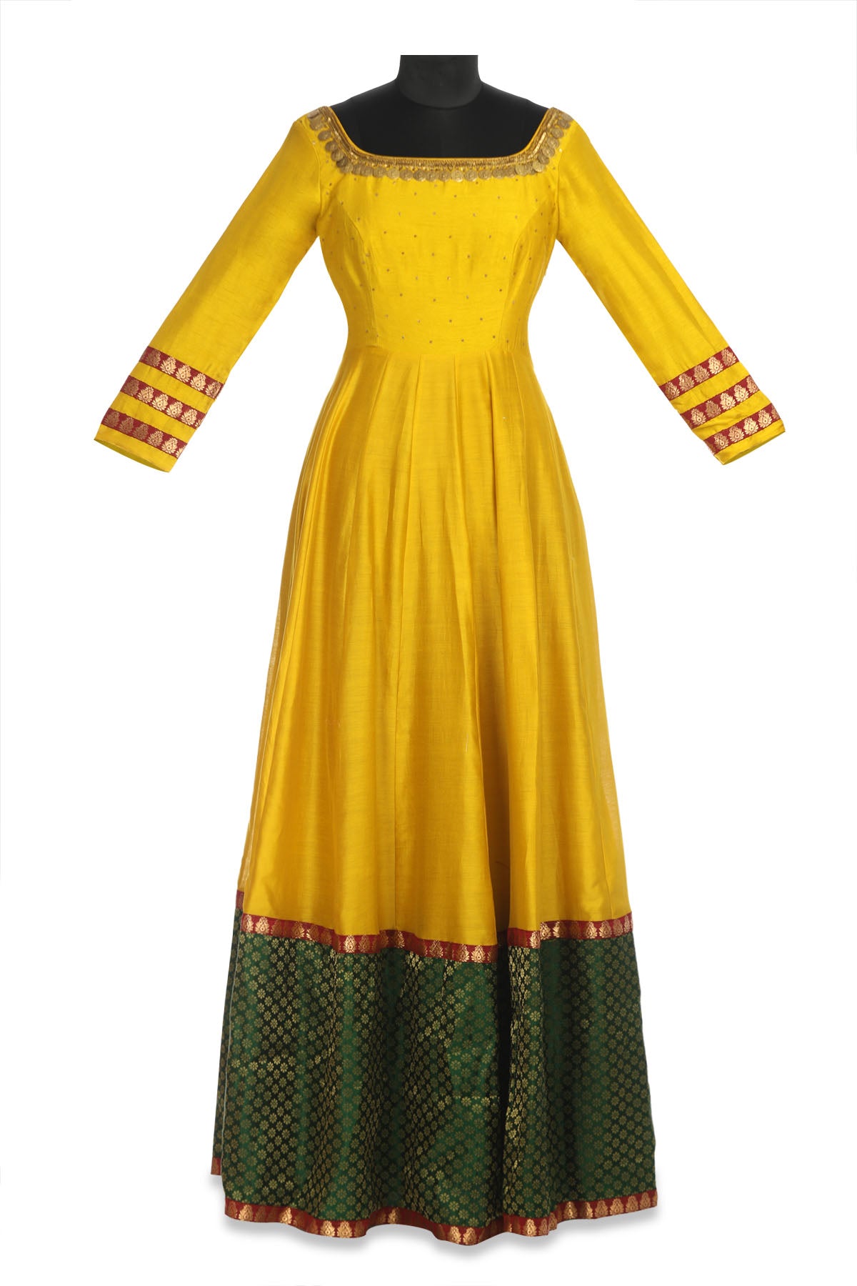 Buy stunning yellow embroidered chanderi Anarkali online in USA with green border and matching dupatta. Shine at weddings and special occasions with beautiful Indian designer Anarkali suits, traditional salwar suits, sharara suits, designer lehengas from Pure Elegance Indian clothing store in USA.-front