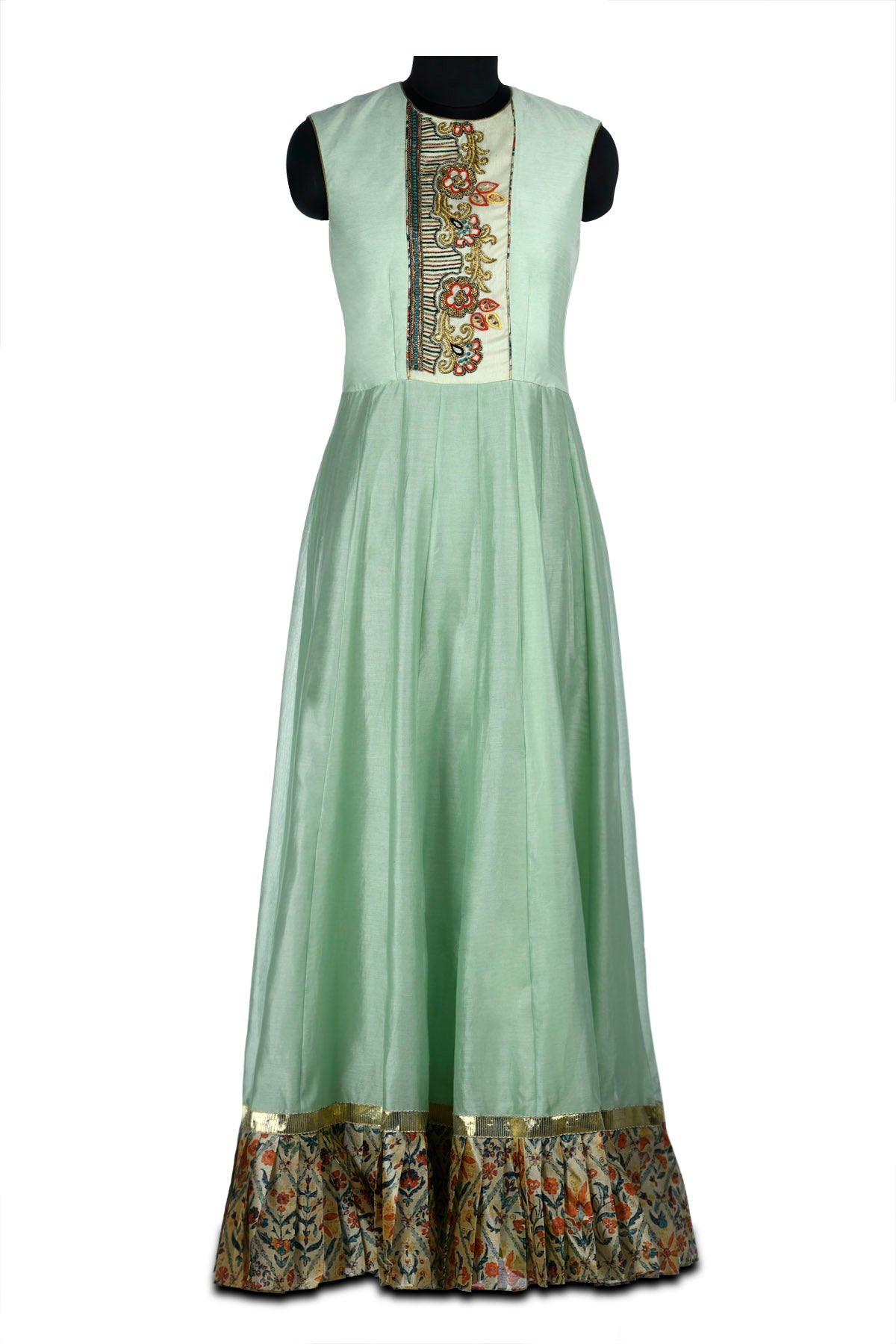 Buy pastel green and ivory embroidered chanderi maxi dress online in USA with printed borders. Shine at weddings and special occasions with beautiful Indian designer Anarkali suits, traditional salwar suits, sharara suits, designer lehengas from Pure Elegance Indian clothing store in USA.-full view
