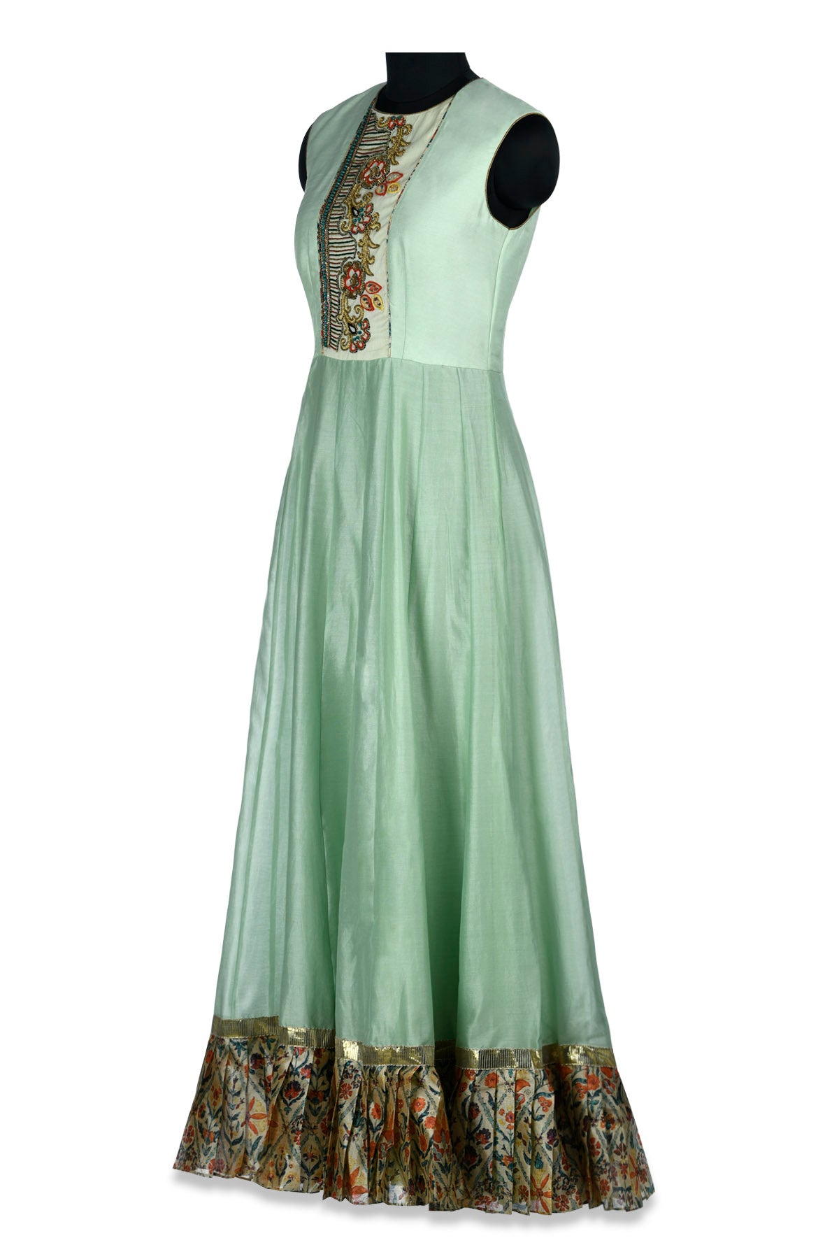 Buy pastel green and ivory embroidered chanderi maxi dress online in USA with printed borders. Shine at weddings and special occasions with beautiful Indian designer Anarkali suits, traditional salwar suits, sharara suits, designer lehengas from Pure Elegance Indian clothing store in USA.-side