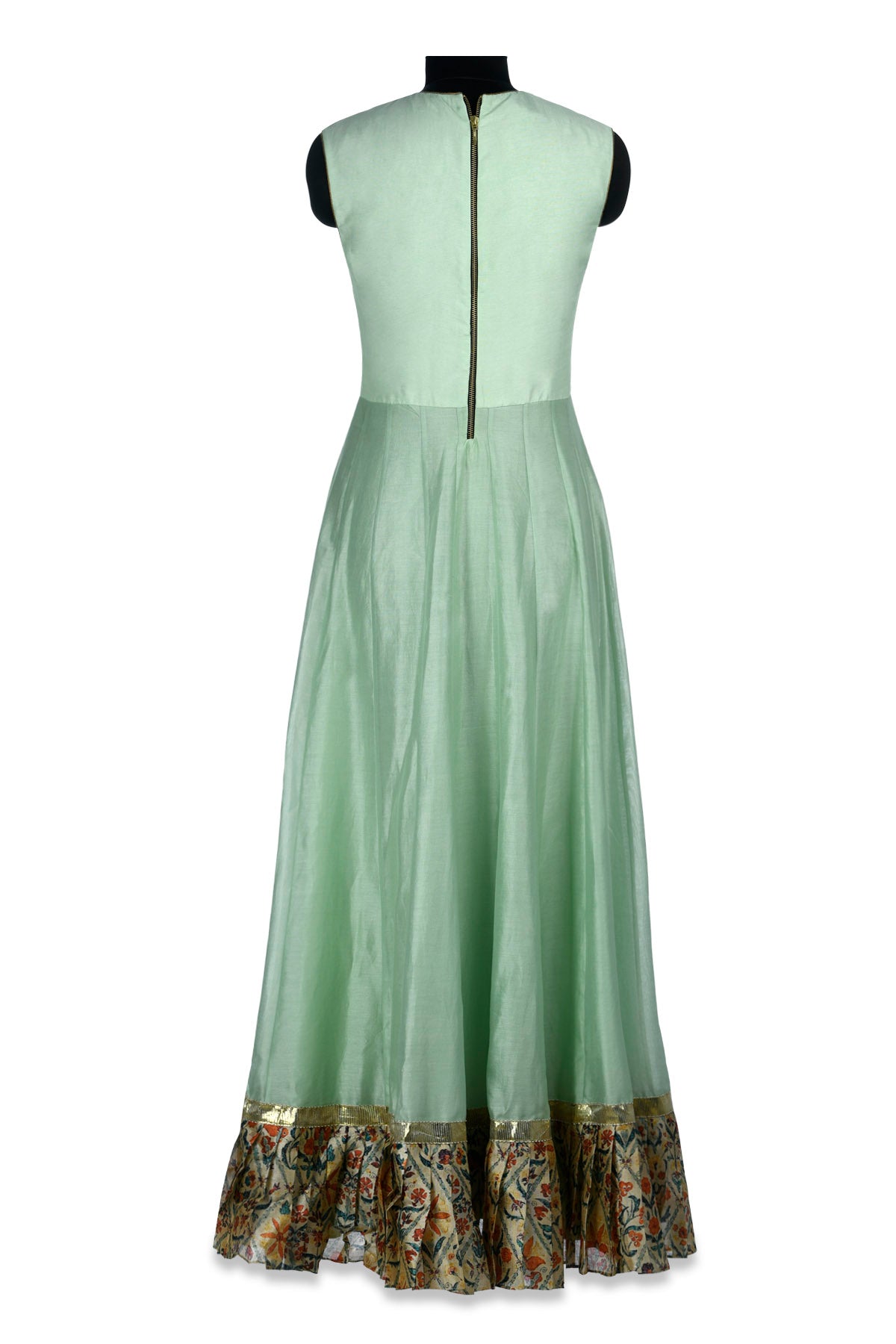 Buy pastel green and ivory embroidered chanderi maxi dress online in USA with printed borders. Shine at weddings and special occasions with beautiful Indian designer Anarkali suits, traditional salwar suits, sharara suits, designer lehengas from Pure Elegance Indian clothing store in USA.-back