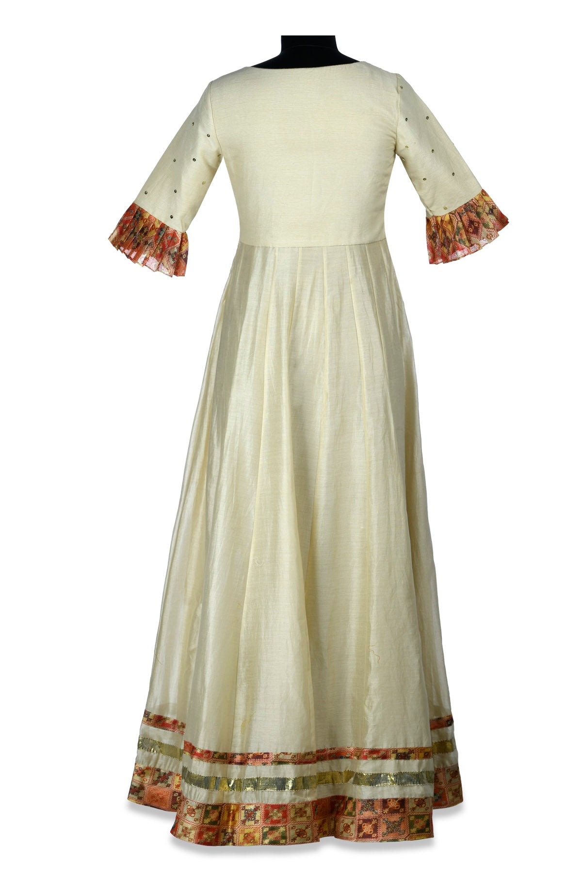Shop beautiful ivory embroidered chanderi maxi dress online in USA with printed borders. Shine at weddings and special occasions with beautiful Indian designer Anarkali suits, salwar suits, sharara suits, designer lehengas from Pure Elegance Indian clothing store in USA.-back