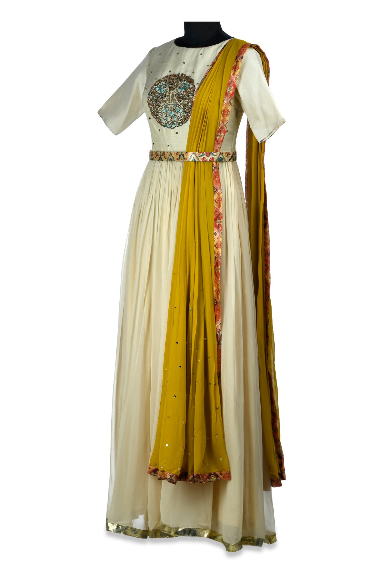 Buy gorgeous ivory embroidered draped georgette Anarkali gown online in USA. Shine at weddings and special occasions with beautiful Indian designer Anarkali suits, salwar suits, sharara suits, designer lehengas from Pure Elegance Indian clothing store in USA.-side