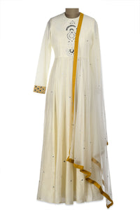Buy beautiful ivory mirror embroidery chanderi Anarkali online in USA with dupatta. Shine at weddings and special occasions with beautiful Indian designer Anarkali suits, salwar suits, sharara suits, designer lehengas from Pure Elegance Indian clothing store in USA.-full view
