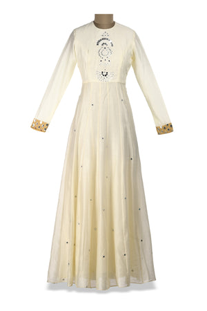 Buy beautiful ivory mirror embroidery chanderi Anarkali online in USA with dupatta. Shine at weddings and special occasions with beautiful Indian designer Anarkali suits, salwar suits, sharara suits, designer lehengas from Pure Elegance Indian clothing store in USA.-front