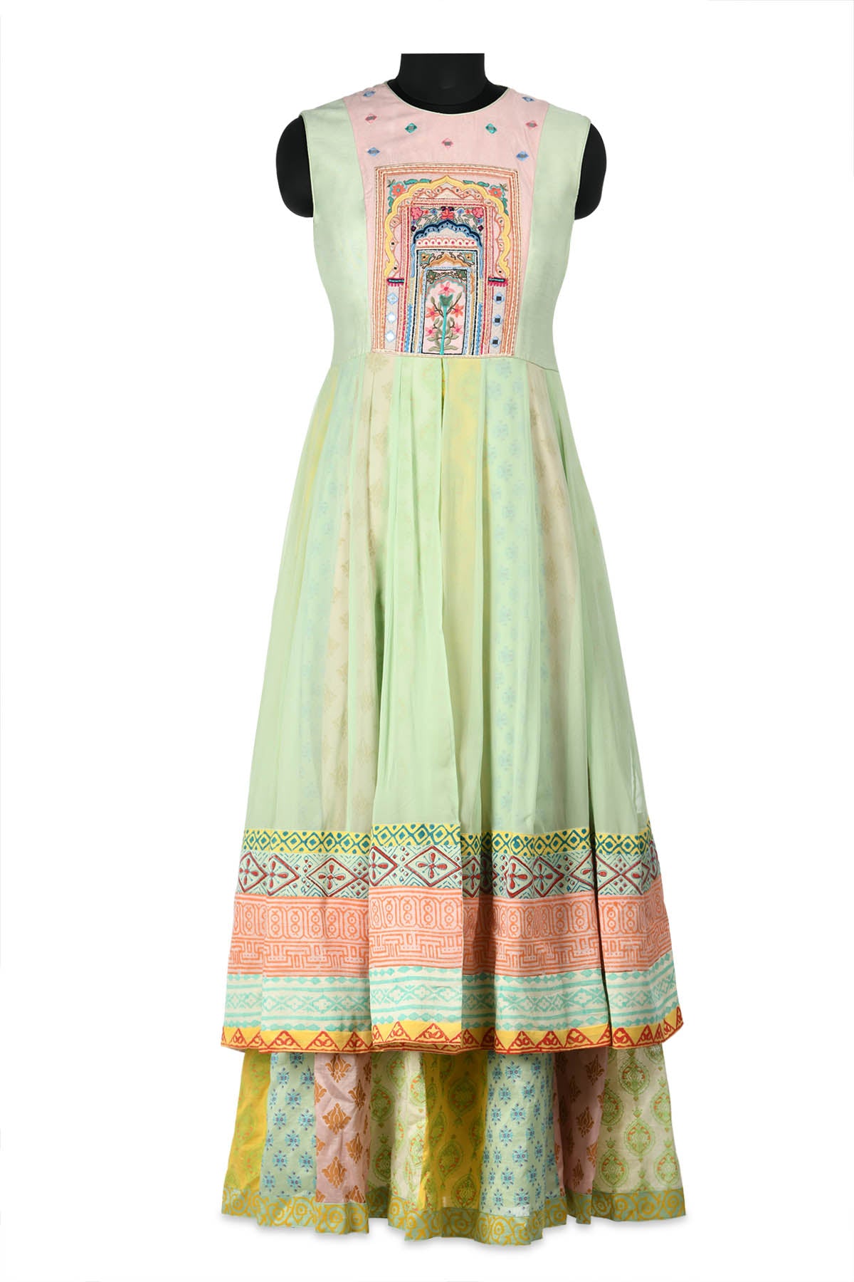 Shop beautiful green, pink and yellow layered Anarkali online in USA with embroidery. Shine at weddings and special occasions with beautiful Indian designer Anarkali suits, salwar suits, sharara suits, designer lehengas from Pure Elegance Indian clothing store in USA.-full view