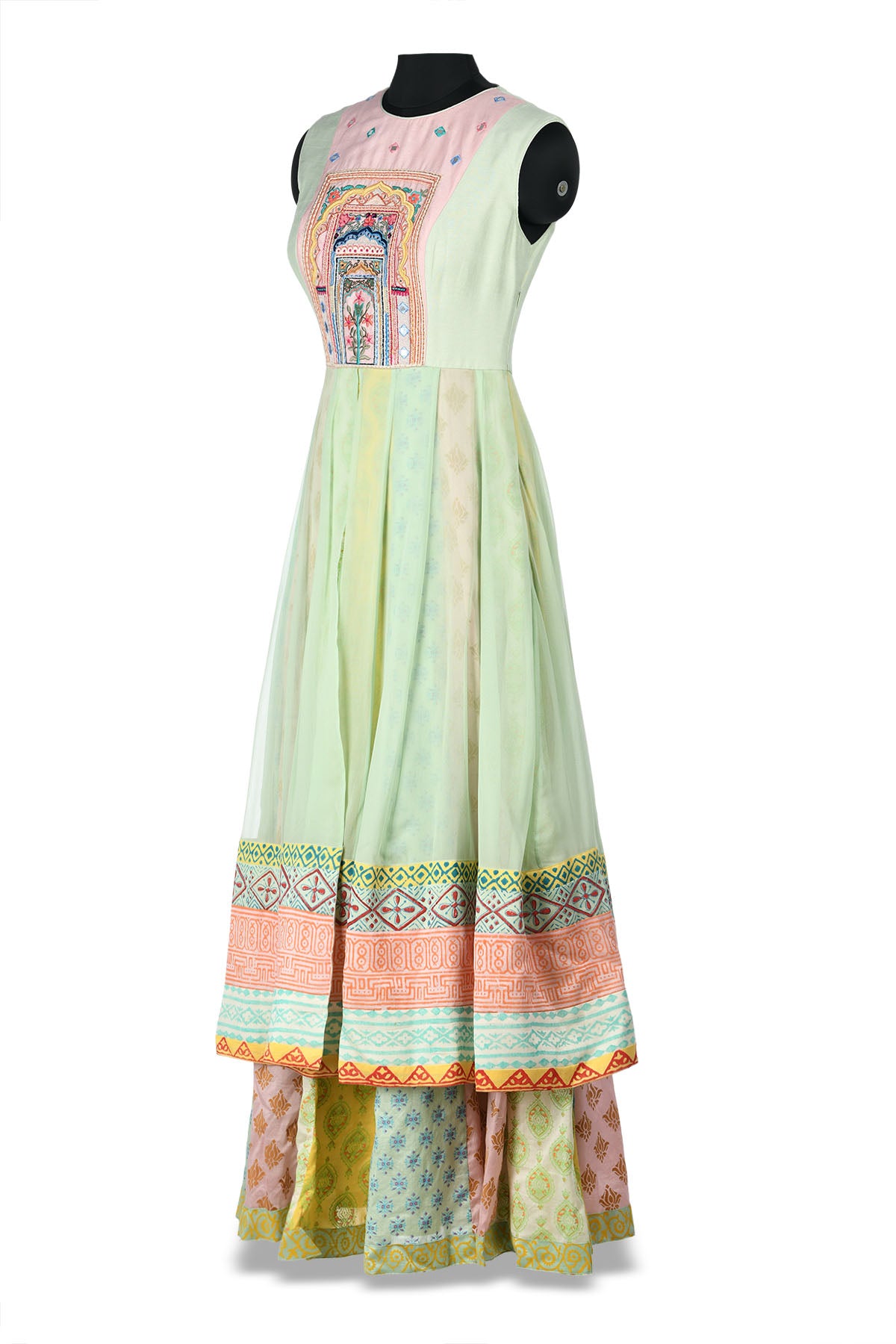 Shop beautiful green, pink and yellow layered Anarkali online in USA with embroidery. Shine at weddings and special occasions with beautiful Indian designer Anarkali suits, salwar suits, sharara suits, designer lehengas from Pure Elegance Indian clothing store in USA.-side