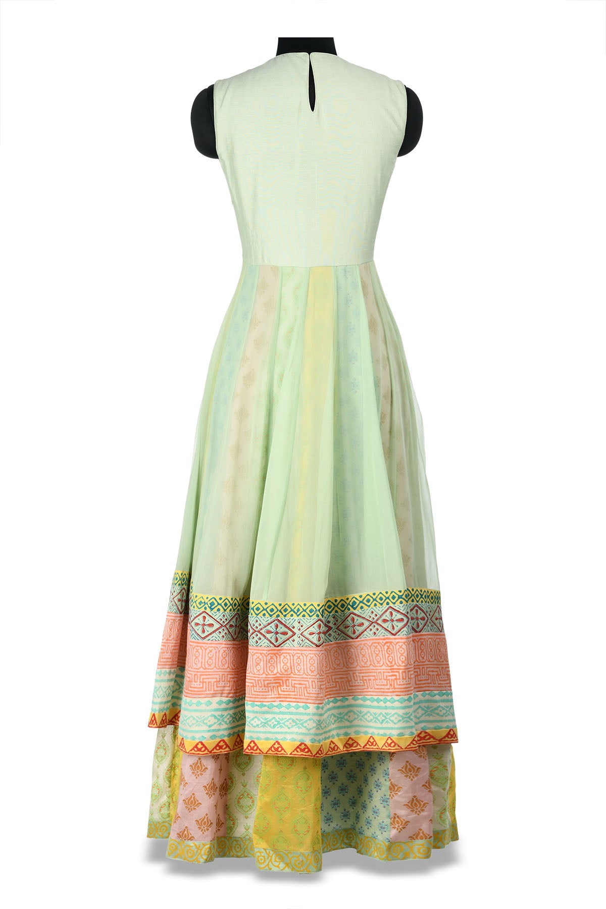Shop beautiful green, pink and yellow layered Anarkali online in USA with embroidery. Shine at weddings and special occasions with beautiful Indian designer Anarkali suits, salwar suits, sharara suits, designer lehengas from Pure Elegance Indian clothing store in USA.-back