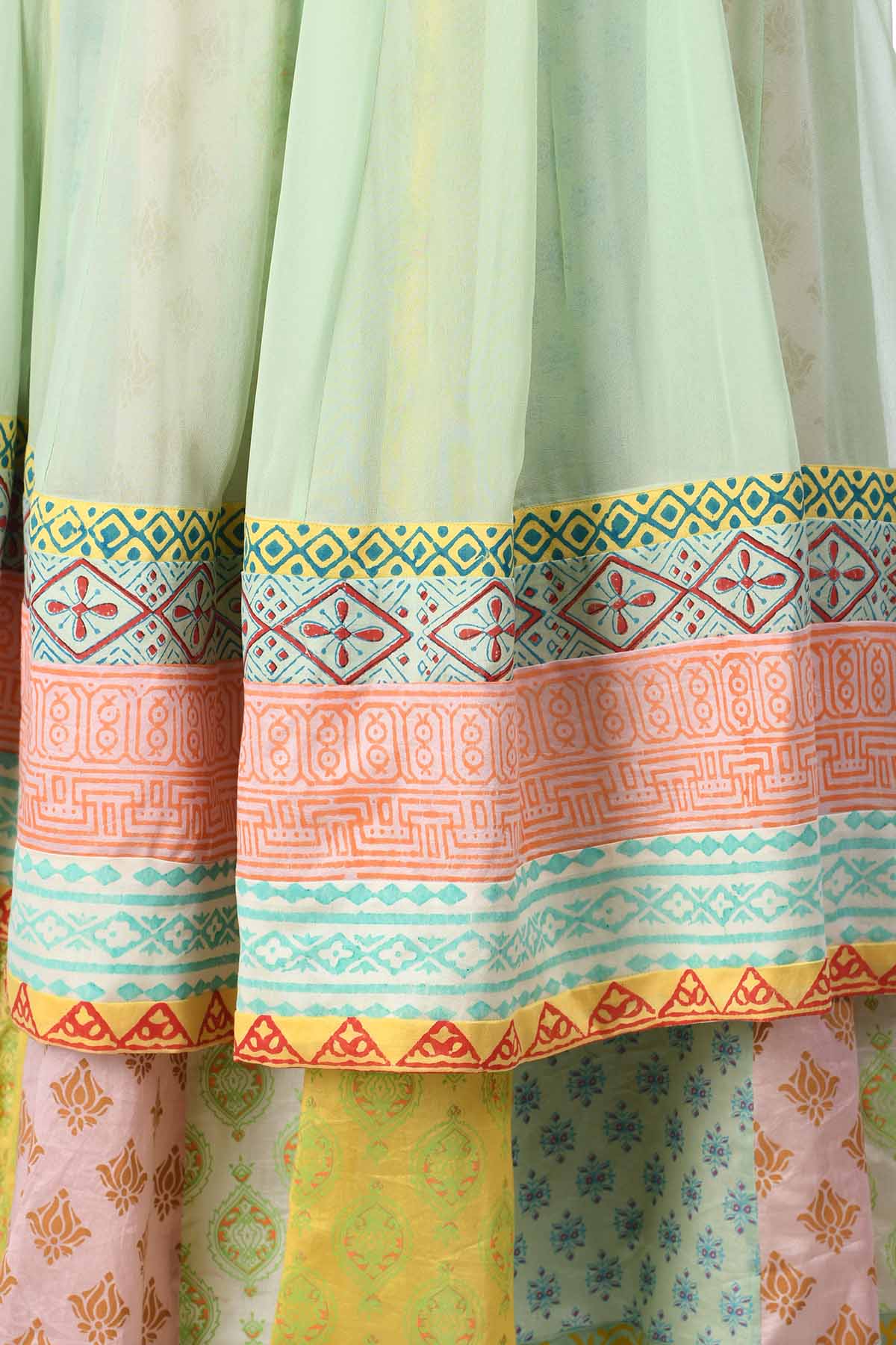 Shop beautiful green, pink and yellow layered Anarkali online in USA with embroidery. Shine at weddings and special occasions with beautiful Indian designer Anarkali suits, salwar suits, sharara suits, designer lehengas from Pure Elegance Indian clothing store in USA.-flare