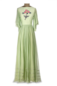 Buy pastel green embroidered georgette maxi dress online in USA. Shine at weddings and special occasions with beautiful Indian designer Anarkali suits, salwar suits, sharara suits, designer lehengas from Pure Elegance Indian clothing store in USA.-full view