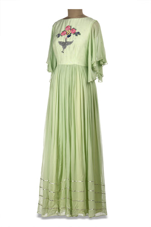 Buy pastel green embroidered georgette maxi dress online in USA. Shine at weddings and special occasions with beautiful Indian designer Anarkali suits, salwar suits, sharara suits, designer lehengas from Pure Elegance Indian clothing store in USA.-side