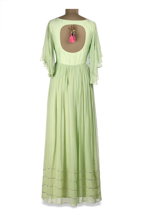 Buy pastel green embroidered georgette maxi dress online in USA. Shine at weddings and special occasions with beautiful Indian designer Anarkali suits, salwar suits, sharara suits, designer lehengas from Pure Elegance Indian clothing store in USA.-back