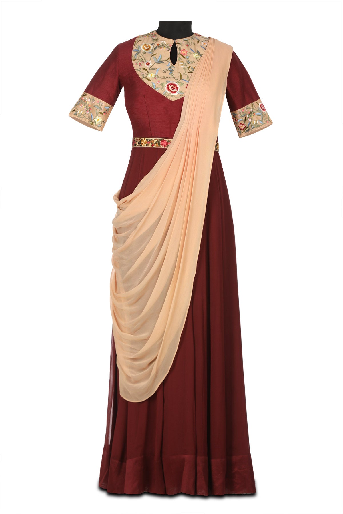 50Z180-RO Burgundy and Peach Georgette Anarkali with Parsi Embroidery