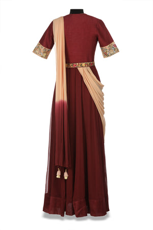 50Z180-RO Burgundy and Peach Georgette Anarkali with Parsi Embroidery