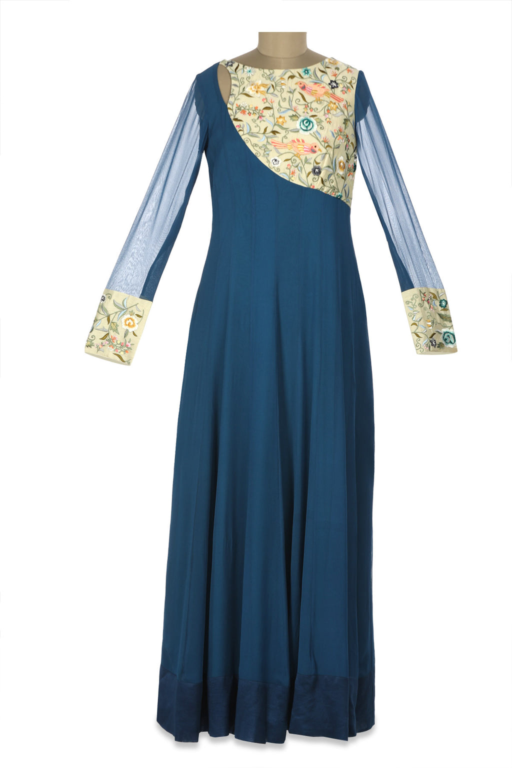 Shop blue Parsi embroidery georgette Anarkali gown online in USA. Shine at weddings and special occasions with beautiful Indian designer Anarkali suits, salwar suits, sharara suits, designer lehengas from Pure Elegance Indian clothing store in USA.-full view
