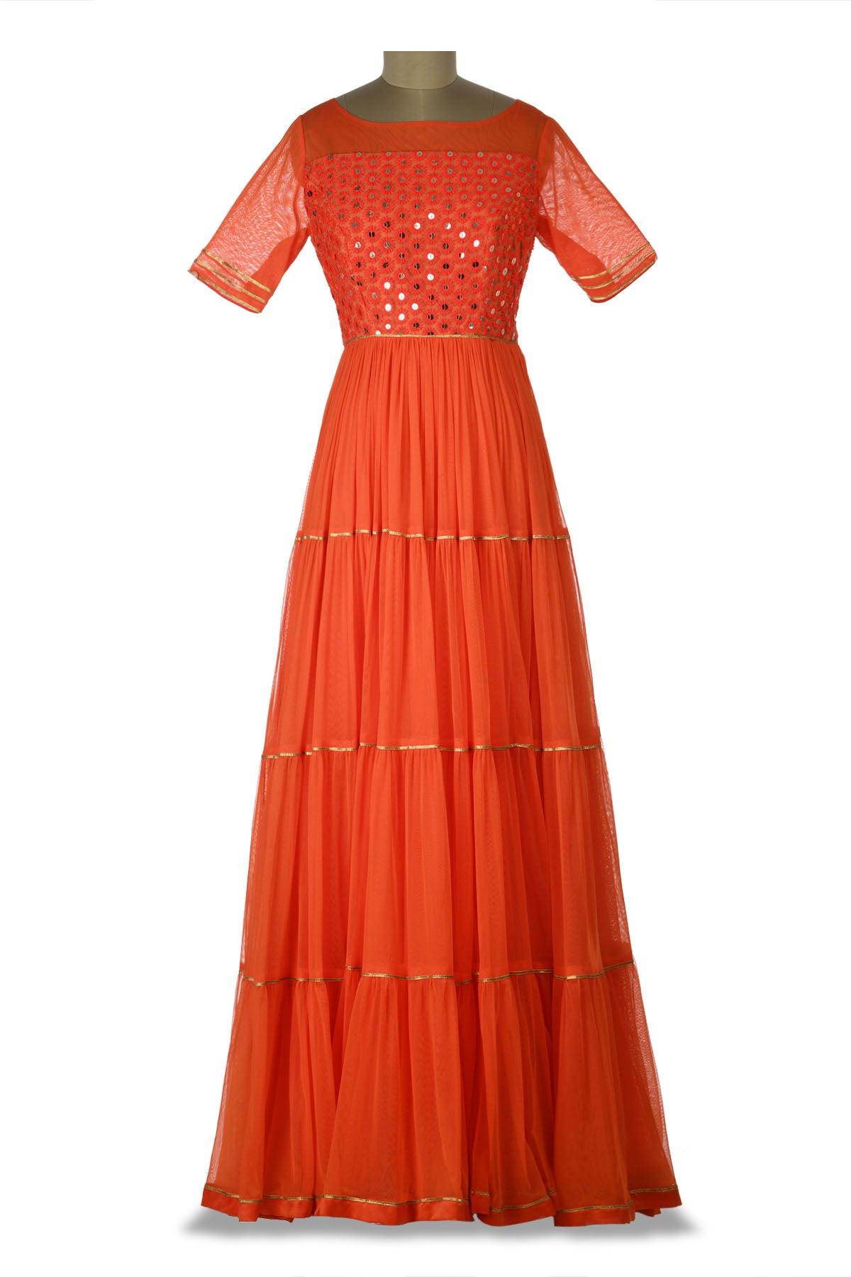 Shop beautiful orange embroidered net tiered Anarkali gown online in USA. Shine at weddings and special occasions with beautiful Indian designer Anarkali suits, salwar suits, sharara suits, designer lehengas from Pure Elegance Indian clothing store in USA.-full view